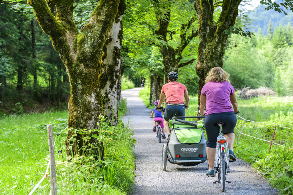 Famiglia in bicicletta con portabici