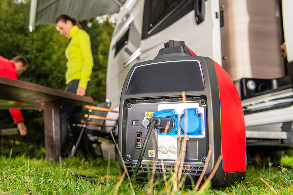 Uomo che aziona un generatore a inverter davanti a un camper